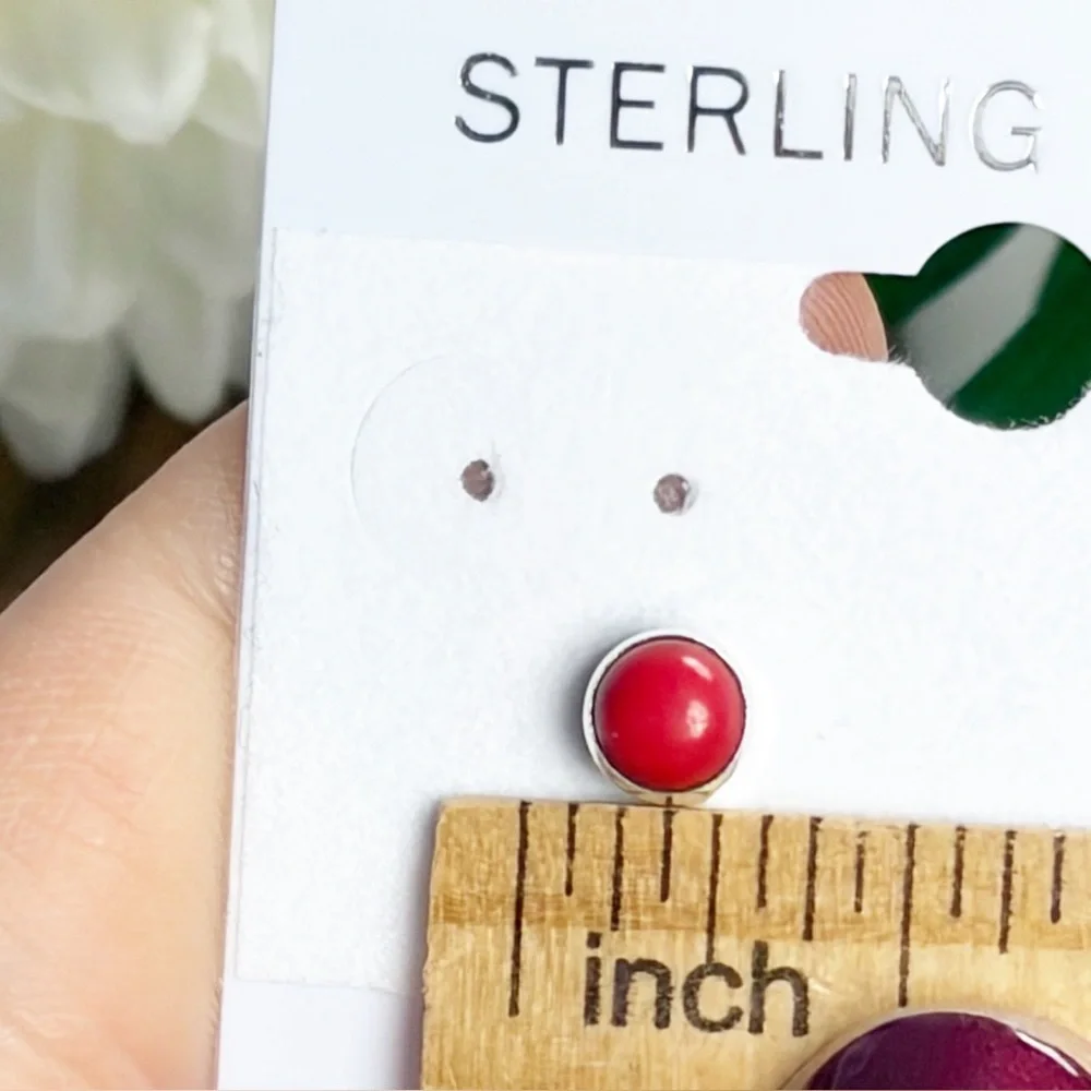 Red Coral Earrings Pure Sterling Silver 925 Gemstone Stud Post Push Back Round - Picture 8 of 8